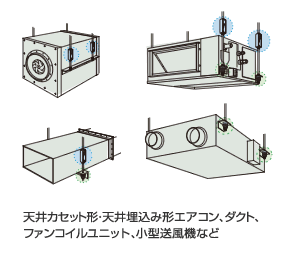 天井カセット形・天井埋込み形エアコン、ダクト、ファンコイルユニット、小型送風機など